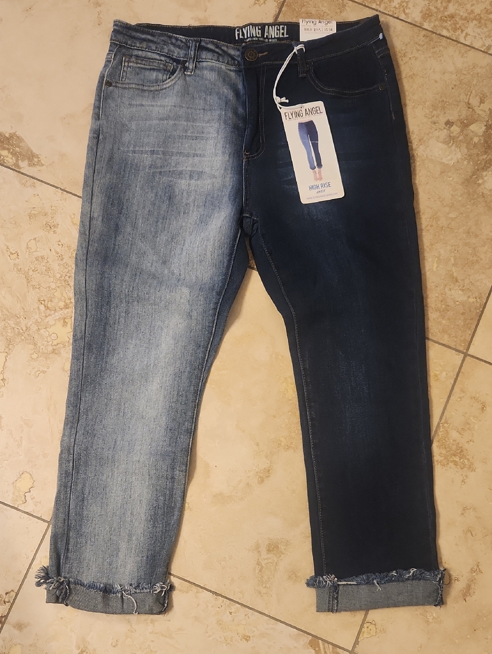 Flying Angel Two-Tone High-Rise Jeans - Light & Dark Blue